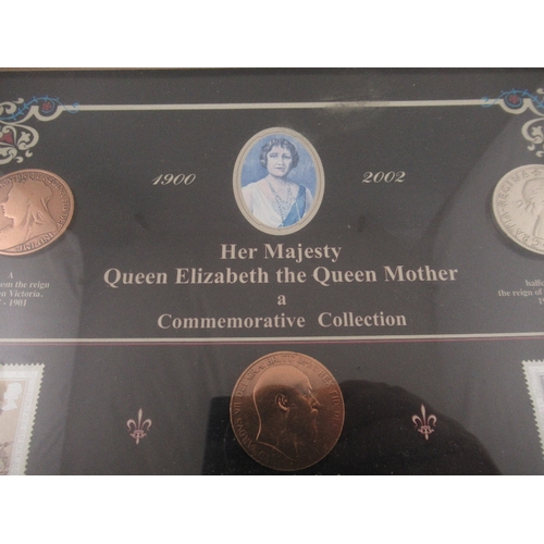 169 - A framed collection of coins and stamps commemorating Queen Elizabeth the Queen Mother, together wit... 