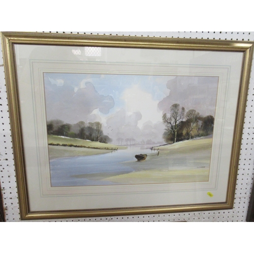 100 - R Witchard, watercolour, tide out with boat, 14ins x 21ins