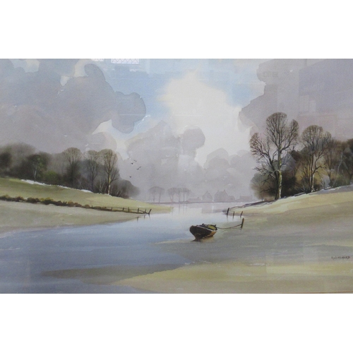 100 - R Witchard, watercolour, tide out with boat, 14ins x 21ins