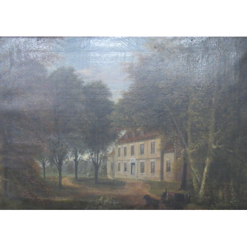 101 - A 19th century oil on canvas, view through trees to a house, 17.5ins x 25ins