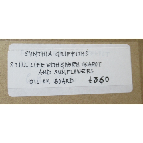 104 - Cynthia Griffiths, oil on board, Still Life with Green Teapot and Flowers, 15ins x 11ins