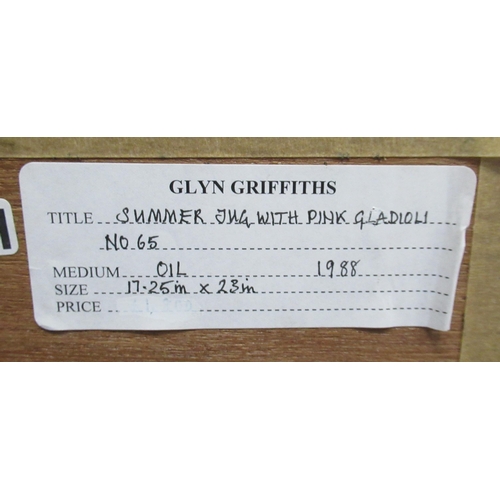 105 - Glyn Griffiths, oil on board, Summer Jug with Pink Gladioli, 23ins x 17ins