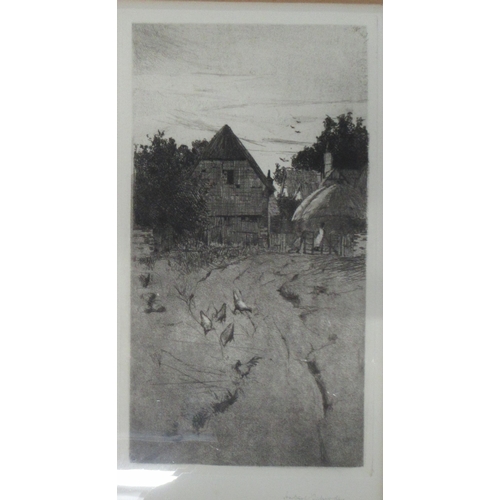 109 - A black and white etching, farmyard scene with chickens, signed, 10ins x 6ins