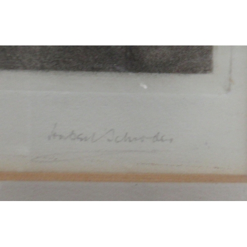 109 - A black and white etching, farmyard scene with chickens, signed, 10ins x 6ins