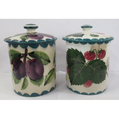 136 - Two Wemyss pottery preserve jars, with covers, one decorated with raspberries, the other damson plum... 