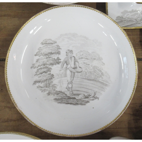 138 - A 19th century Spode porcelain part tea service, decorated in grey with figures in various scenes, e... 