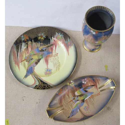 140 - A Carlton Ware dish, plate and a vase, all decorated in the Sketching Bird pattern