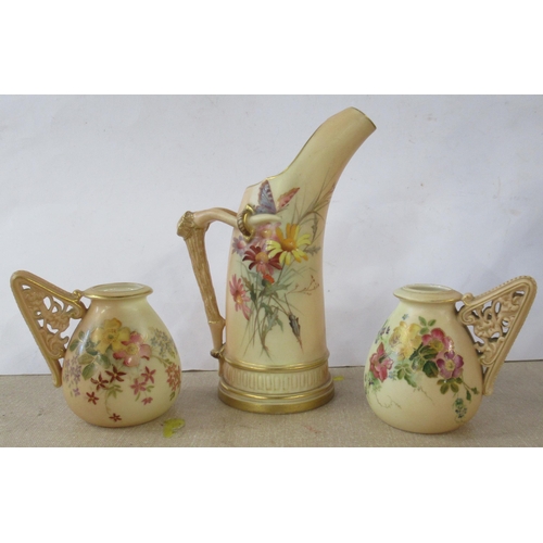 144 - Two Royal Worcester blush ivory vases, with pierced handle, shape number 1137, together with a Royal... 