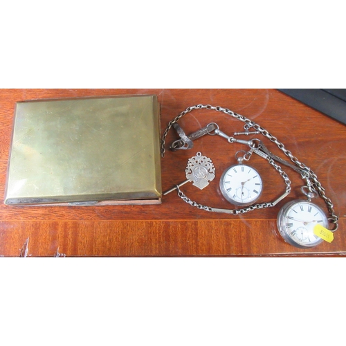 166 - Two silver cased pocket watches, together with a silver medallion, watch chains and a cigarette box