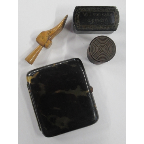 215 - A faux tortoiseshell cigarette case, together with a treen shoe, a counter box and a snuff box