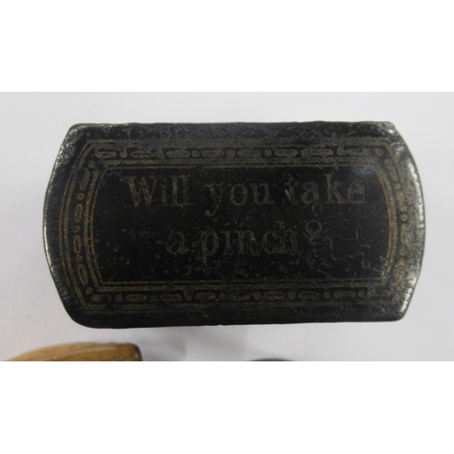 215 - A faux tortoiseshell cigarette case, together with a treen shoe, a counter box and a snuff box