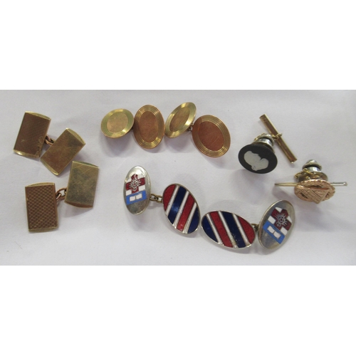 227 - Two pairs of 9ct gold cufflinks, weight 13.3g, together with other cufflinks and tie pins