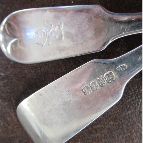 238 - A set of six Georgian Irish silver fiddle pattern dinner forks, engraved with a crest, weight 14oz