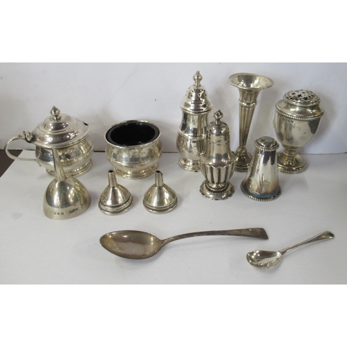 240 - A collection of silver cruets, funnels, coffee bean spoons etc