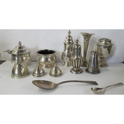 240 - A collection of silver cruets, funnels, coffee bean spoons etc