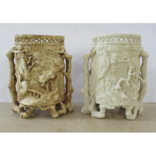 244 - Two Royal Worcester Chinese influence vases, of shaped cylindrical form, both af