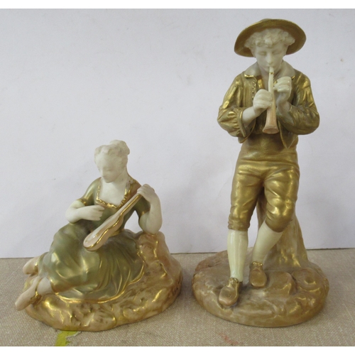 258 - Two Royal Worcester gilded ivory figures, a seated woman playing the lute, model number 1547 and a m... 
