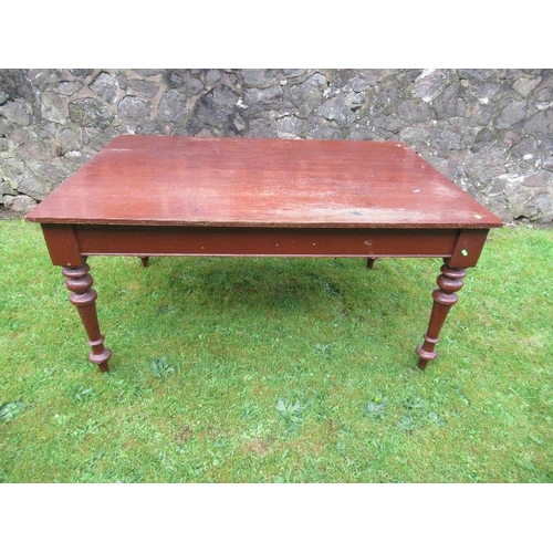 52 - A 19th mahogany dining/kitchen table, raised on turned legs, 60ins x 42ins, height 30ins