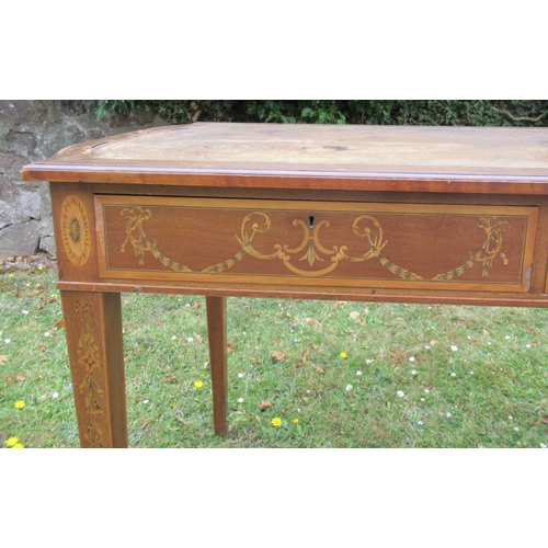 82 - A 19th century inlaid writing desk, with leather writing surface and having two frieze drawers, af, ... 