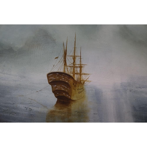 114 - A large oil painting of a ship