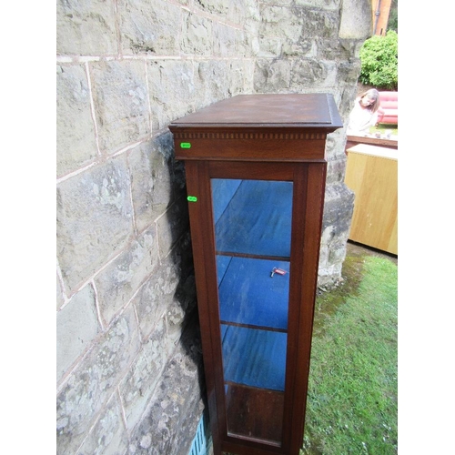 14 - (46) An Edwardian mahogany display cabinet with chequered banded frieze and a glazed door opening to... 