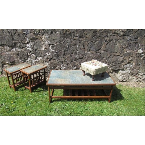 15 - (44) A rectangular coffee table, 41ins x 21.5ins and two matching magazine tables, all with a slate ... 