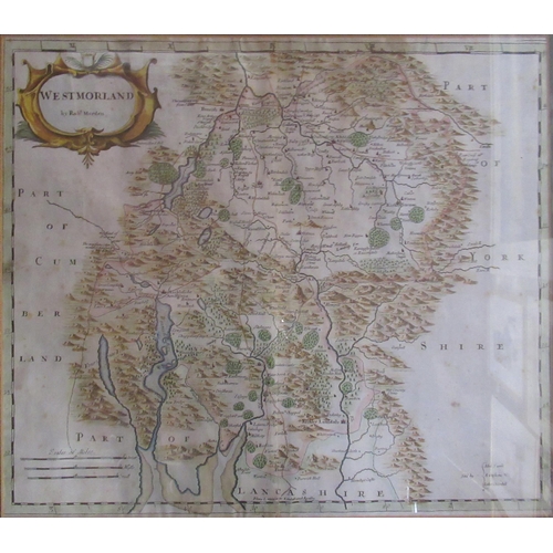 163 - Robert Morden, hand coloured map of Westmorland, 14.5ins x 16.5ins