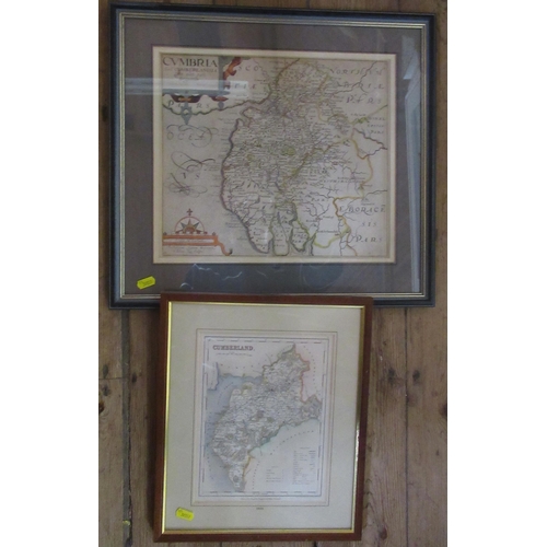 164 - Saxton, an Antique hand coloured map, of Cumbria, 11.5ins x 13ins, together with a map of Cumberland