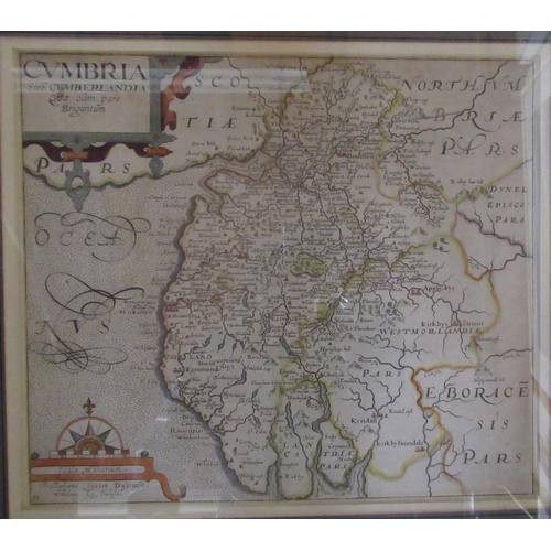 164 - Saxton, an Antique hand coloured map, of Cumbria, 11.5ins x 13ins, together with a map of Cumberland