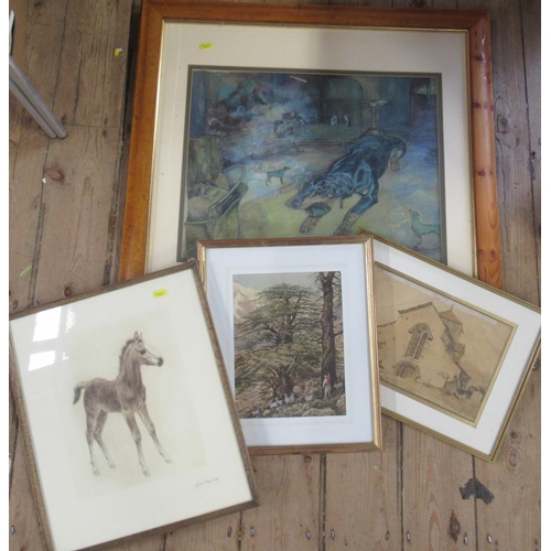 168 - Four pictures, to include a watercolour of dogs and a print of a foal