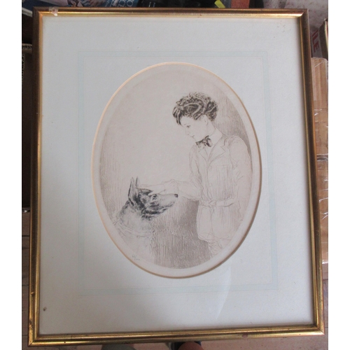 170 - Possibly Louis Icart, limited edition oval print, woman petting a dog, maximum diameter 12.5ins