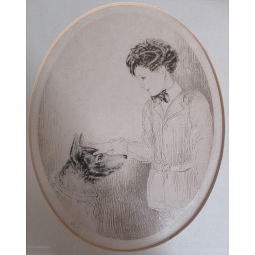 170 - Possibly Louis Icart, limited edition oval print, woman petting a dog, maximum diameter 12.5ins