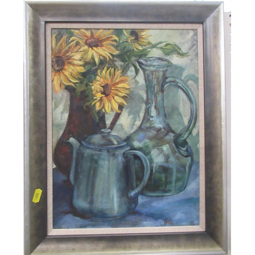 171 - Cynthia Griffiths, oil on board, Still Life with Green Teapot and Flowers, 15ins x 11ins