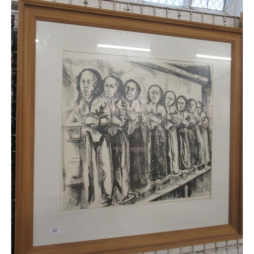 172 - Mary Norman, Black and white etching, monks in a line, 20ins x 21ins