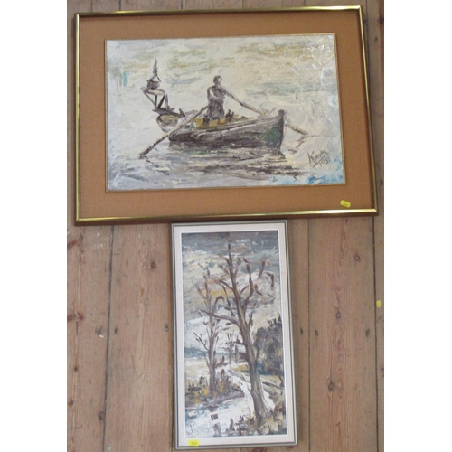 175 - Two 20th century Greek oils on artist boards, figure in row boat and a tree, 16ins x 23ins and 19ins... 