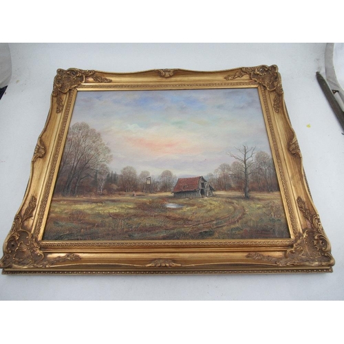 176 - Terence Maklin, oil on canvas, rural scene with pond and house, 16ins x 20ins