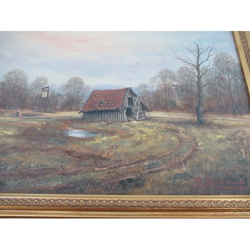 176 - Terence Maklin, oil on canvas, rural scene with pond and house, 16ins x 20ins