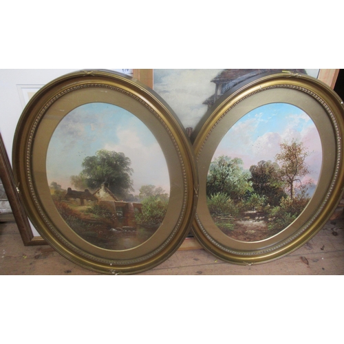 179 - A collection of pictures, to include a pair of oval landscapes, an oil on canvas of Stokesay Castle,... 