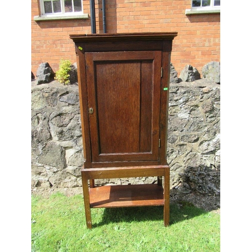 18 - (56) An antique oak cupboard with panel door to reveal two shelves and raised on a stand , width 26i... 