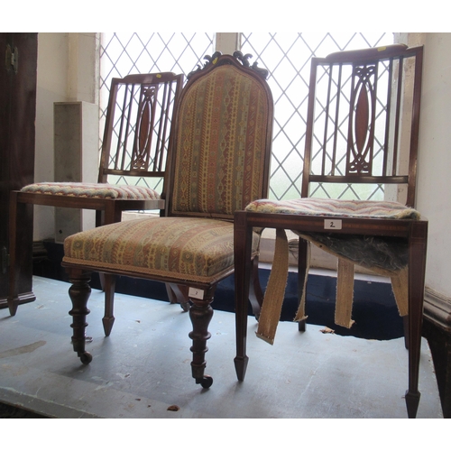 2 - A Victorian rosewood framed and upholstered chair, with carved top rail, together with a pair of bed... 