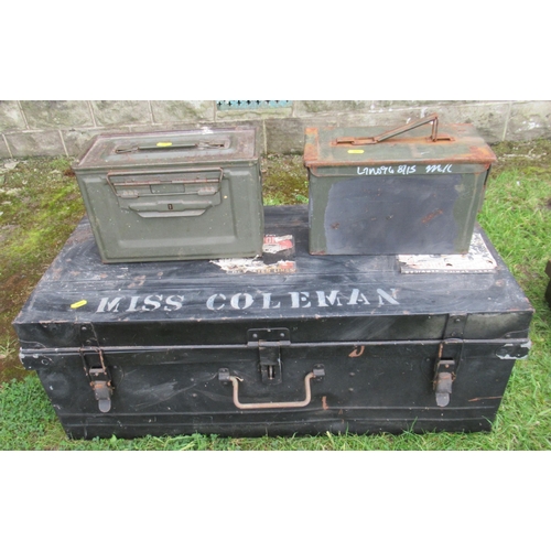 423 - A tin trunk, together with two ammunition boxes