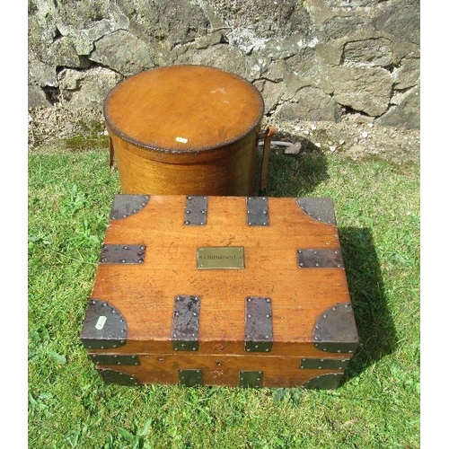 44 - A metal band box with plaque W J Mathison Esq width 18ins and a circular lidded box