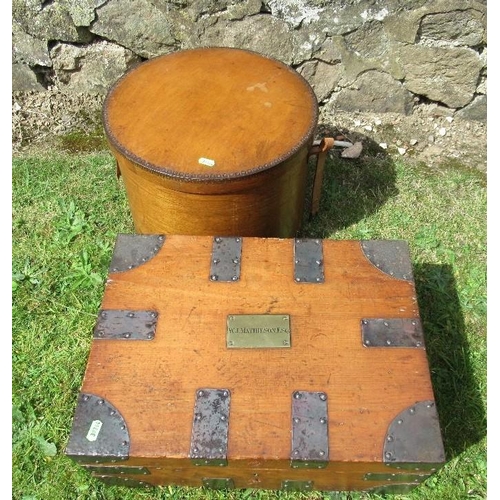 44 - A metal band box with plaque W J Mathison Esq width 18ins and a circular lidded box