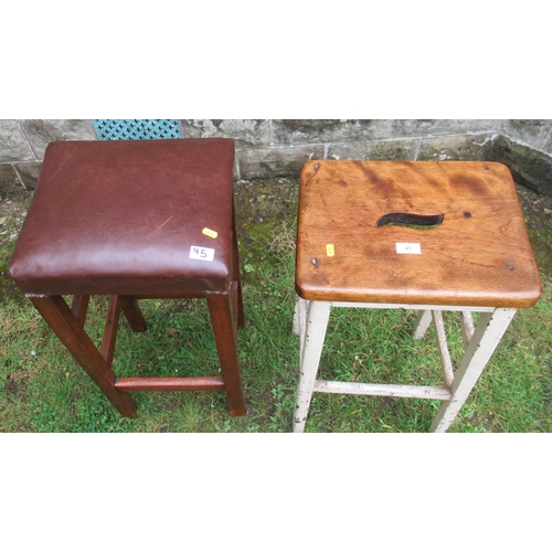 45 - Two high stools, one with painted base, the other with leather top