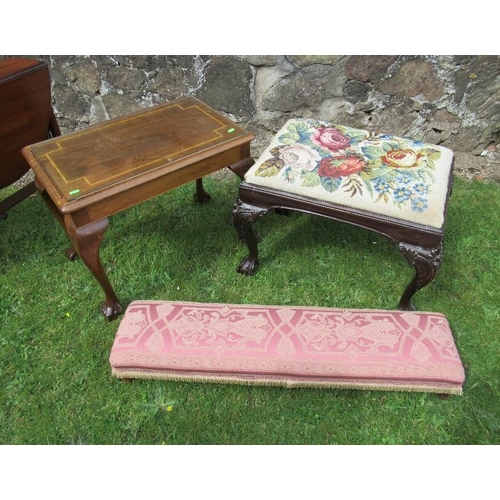 5 - A Chippendale style stool, with tapestry seat, a long foot stool and a glass topped coffee table