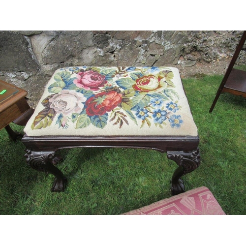 5 - A Chippendale style stool, with tapestry seat, a long foot stool and a glass topped coffee table