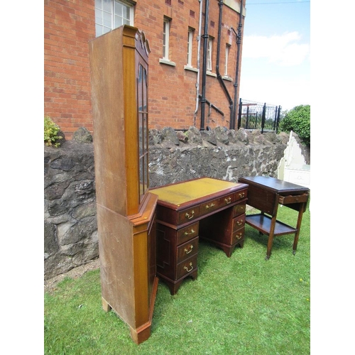 55 - (61) A reproduction mahogany desk, width 46.5ins, together with a yew wood free standing corner cupb... 