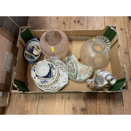 95 - A collection of assorted ceramics together with two glass oil lamp shades