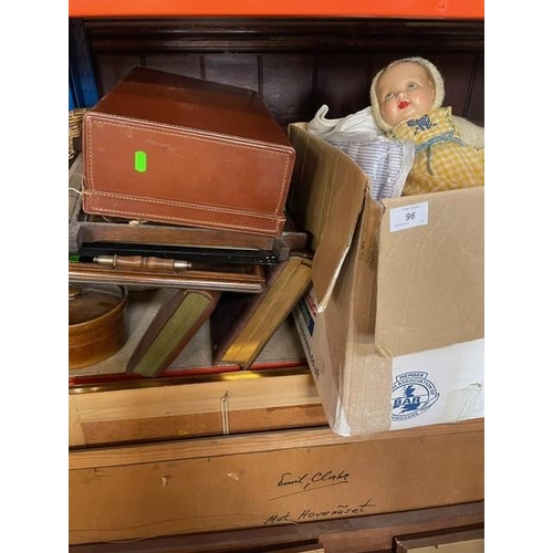 96 - A collection of sundries to include assorted ceramics, scales, suitcase and trays etc