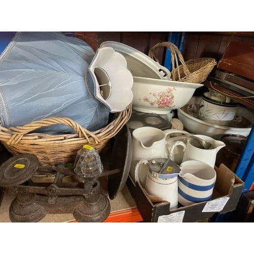 96 - A collection of sundries to include assorted ceramics, scales, suitcase and trays etc